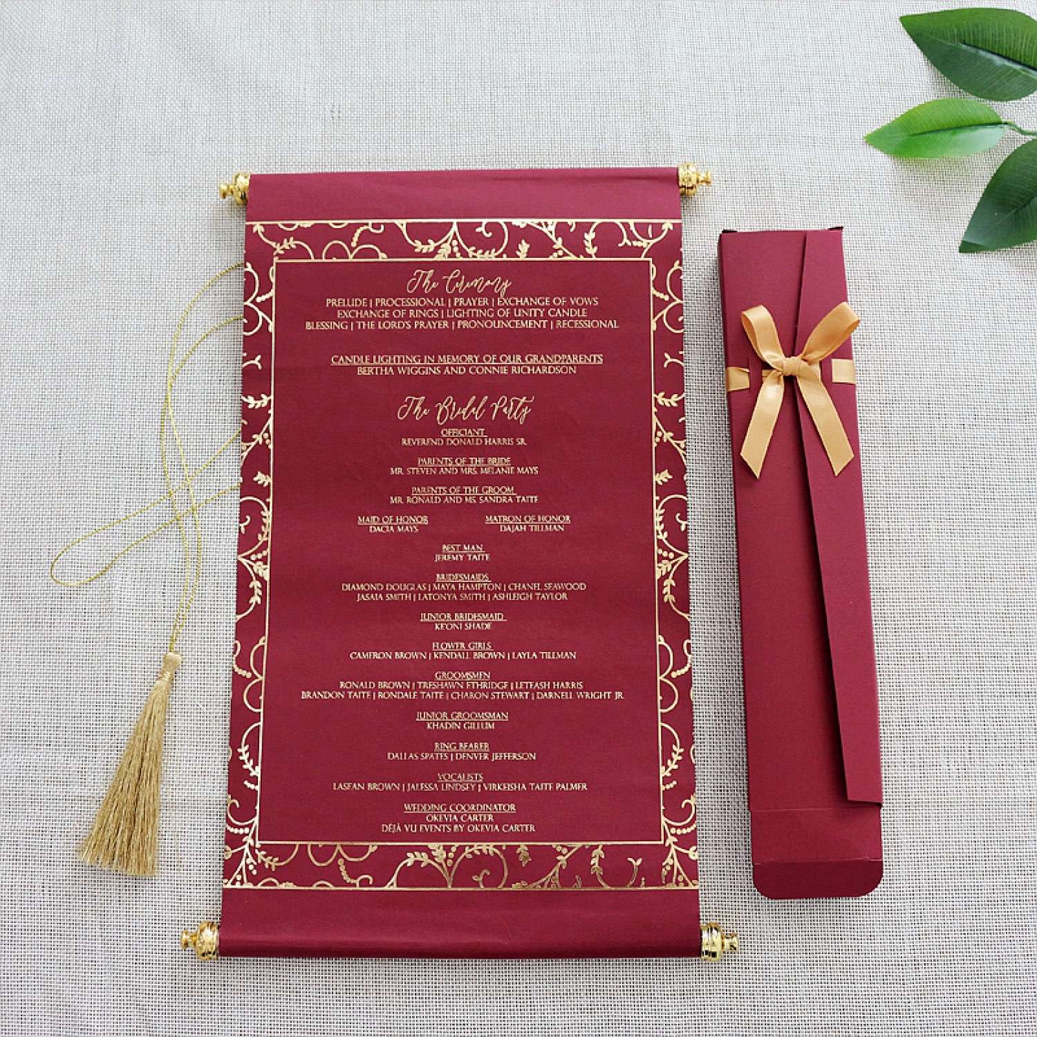 Red Scroll Invitation Card With Tassel Wedding Invitation Customized Foil Printing 